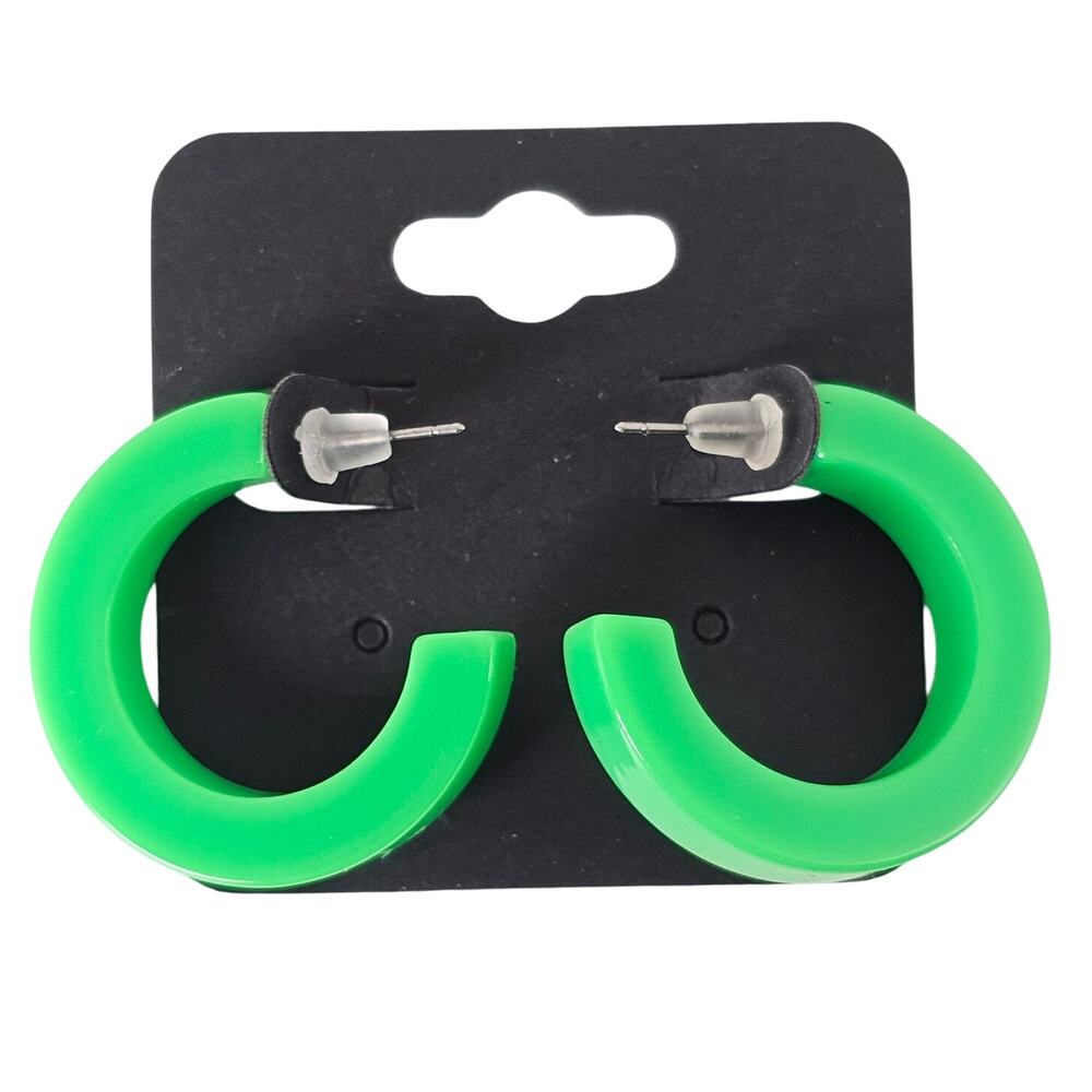 Green Hoop Earrings 1.2" Retro 1980s Neon Chunky Pierced Acrylic Gift Bag Y2K